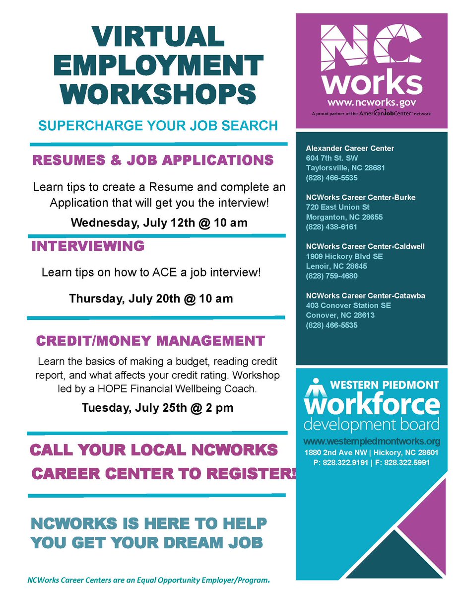 NCWorks Virtual Workshops for July 2023. #NCWorks #westernpiedmontworks