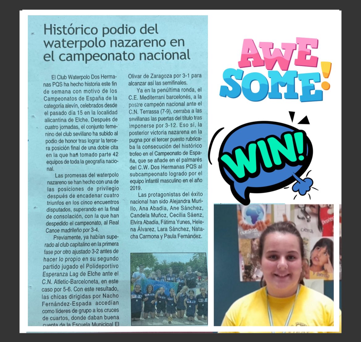 ceipMDV's tweet photo. 🤽♀️Nuestra alumna Alejandra, de 5º de #EdPrimaria, ha obtenido el 3er puesto🥇en el campeonato de España de #Waterpolo alevín celebrado en #Elche
🤽¡Enhorabuena, campeona!
🤽♀️@DeporteAND @RFEN_Oficial @fanatacion @DEPORTES_DH
#curso2223 #deporte #EdFísica #CreciendoEnSalud https://t.co/BJ0D055Of8