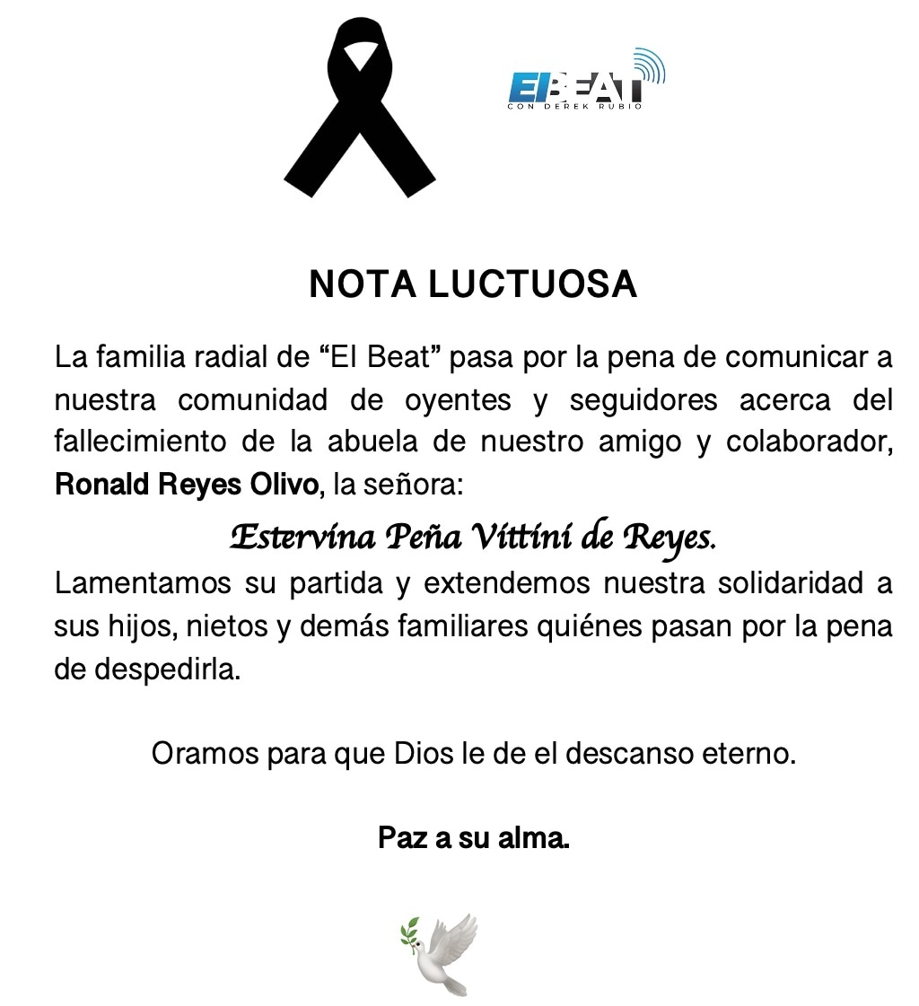 EBNRadioShow's tweet photo. #NotaLuctuosa la familia radial #ElBeat pasa por la pena de comunicar el fallecimiento de la abuela de nuestro amigo y colaborador Ronald Reyes (@ReyesOlivo04), la señora Estervina Peña Vittini de Reyes.
Oramos 🙏 para que Dios le de el descanso eterno.
Paz a su alma 🙏😔 https://t.co/nKNs0n5dMU