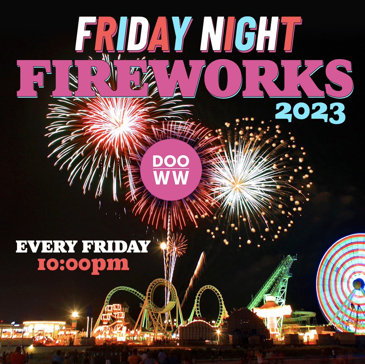 Friday night lights up the sky with a dazzling display! Launched from Pine Avenue &amp; the Beach at 10pm, the Fireworks are visible from anywhere on the Boardwalk. Grab your loved ones, find your perfect spot, and have a Blast every Friday Night this summer!