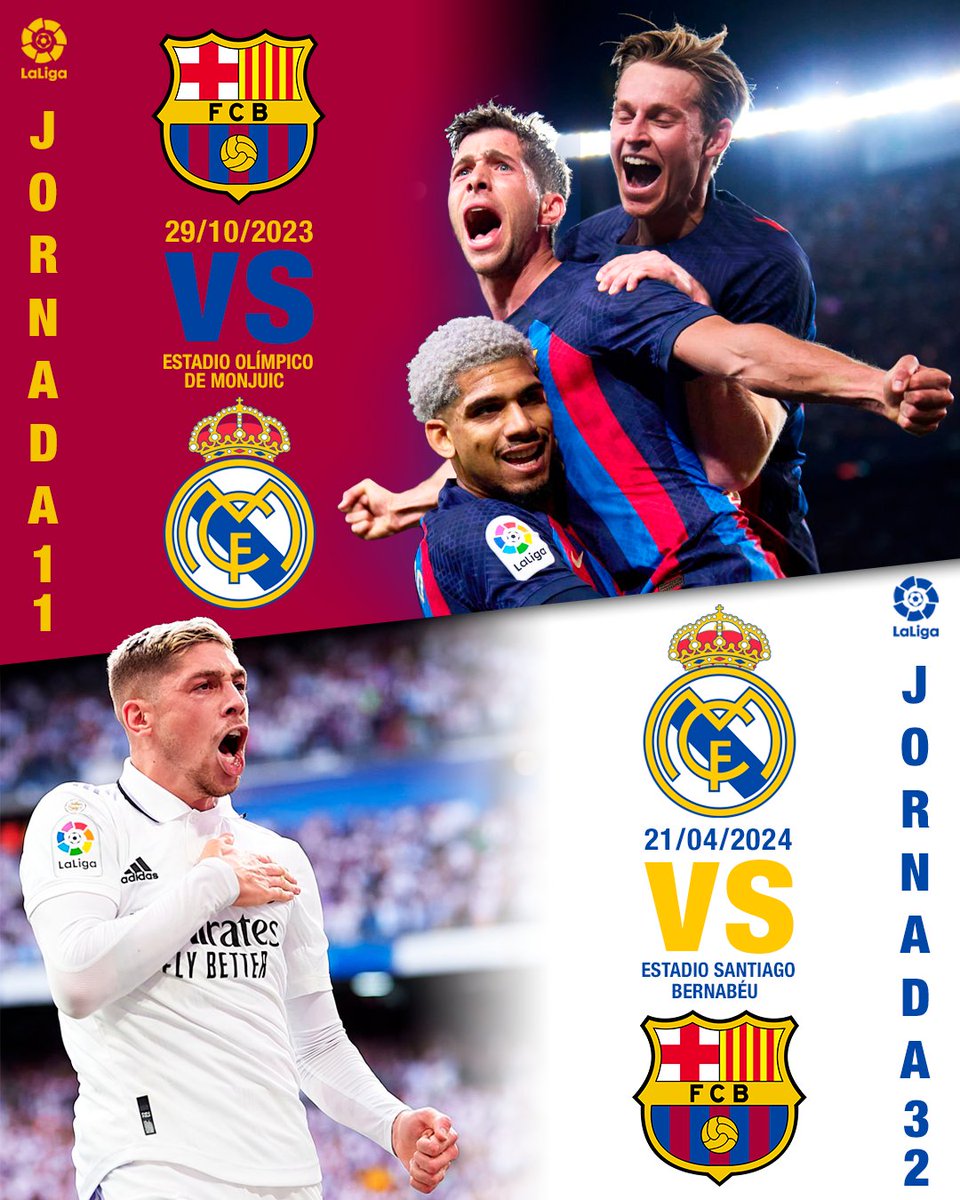 📅 ¡Confirmados las próximos capítulos de 𝑬𝒍 𝑪𝒍á𝒔𝒊𝒄𝒐 en la temporada 2023/24 de la La Liga 🇪🇸🔥

¿Quién pega en la próxima campaña?
#FCBarcelona 🔵🔴
#RealMadrid ⚪🔘