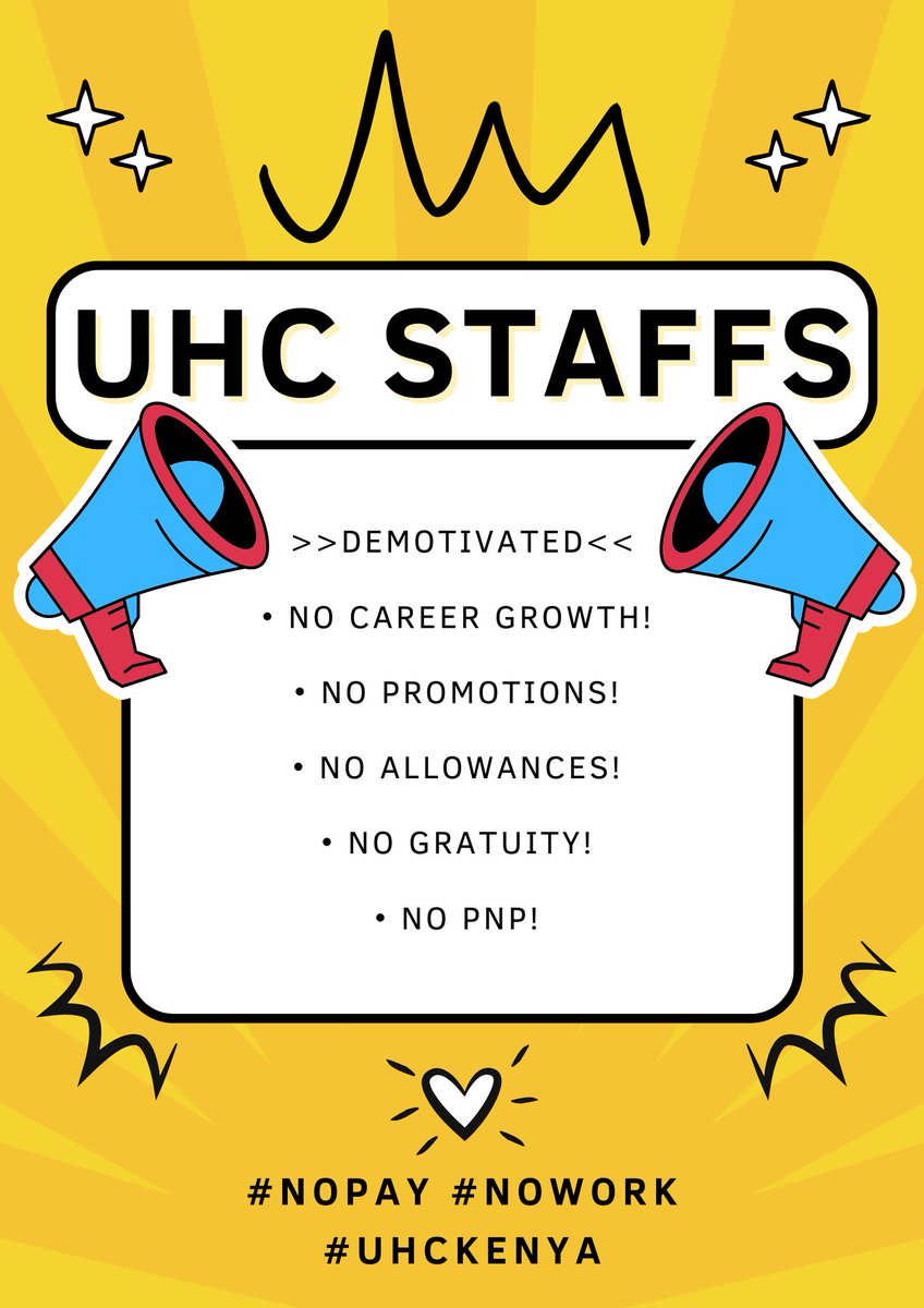 Are you a proud worker as a uhc staff? 

If not; RETWEET ✅ LIKE ✅ 
SHARE ✅ COMMENT ✅

Let's tell our story.
#NOPAY
#NOWORK
#EQUALWORK
#EQUALPAY
#PNPFORUHCSTAFFS
#uhckenya