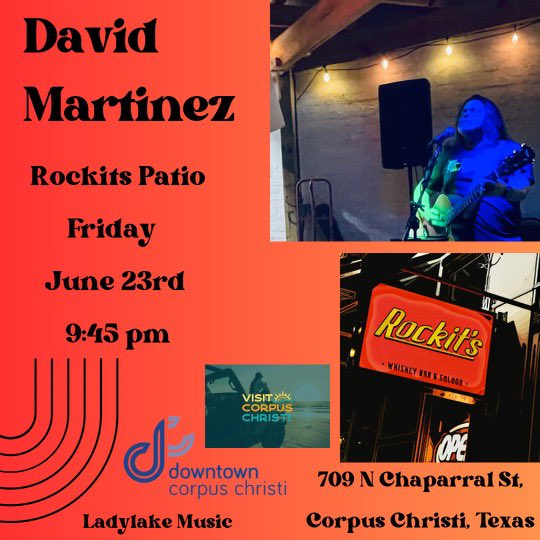 💯🎶🎸 TONIGHT!! 6/23 
Join #ArtistOfTheYear @davidmartinezmu for a #live #acoustic #show at @Rockits 
#corpuschristi #TX 🔹 9:45PM 
On the Patio 🍻 @VisitCCTexas @godowntowncc @txmusicoffice @DrJimmyStar @EileenShapiro3 @TheDavidBowers @RobSaahShow #indiemusic