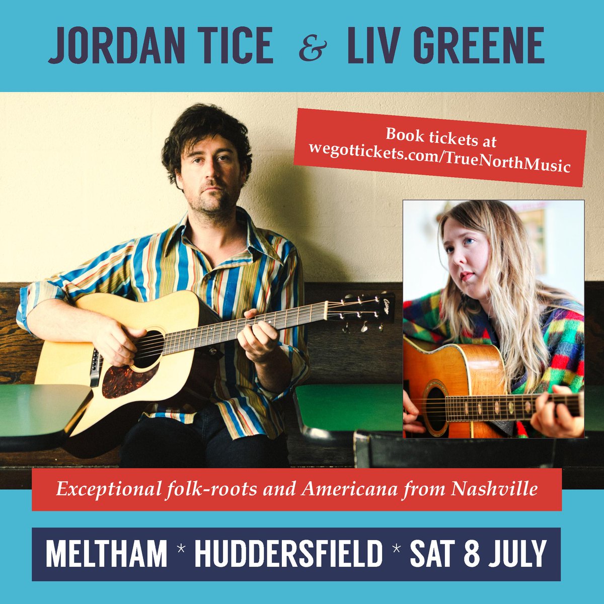 Only 2 weeks until our next local gig w/exceptional Nashville musicians <a href="/JTiceYall/">Jordan Tice</a> &amp; #LivGreene Join us on Sat 8 July for acoustic guitar wizardry, glorious singing &amp; memorable songs. Tix: wegottickets.com/event/581459

#Meltham #Huddersfield #Holmfirth #livemusic #Americana #Kirklees