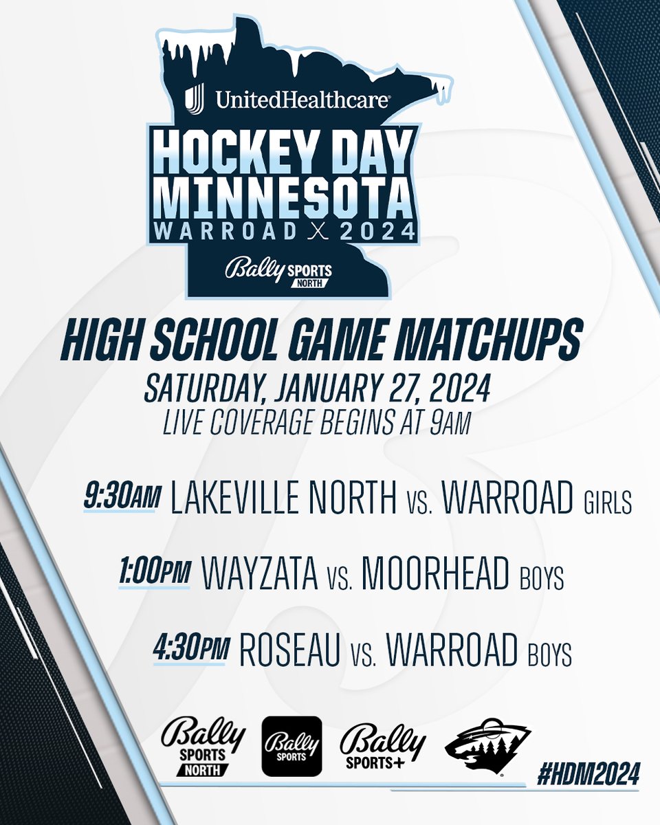 The <a href="/HockeyDayMN/">Hockey Day Minnesota</a> high school matchups are set! Which game are you looking forward to most?

9:30a➡️<a href="/LNgirlshockey/">North Girls Hockey</a> x <a href="/Lady_Warriors00/">Warroad Girls Hockey</a>
1p➡️<a href="/WHS_boyshockey/">Wayzata Boys Hockey</a> x <a href="/Spud_Hockey/">Spud Boys Hockey</a>
4:30p➡️<a href="/ramhockey/">Rams Hockey Online</a> x <a href="/WarroadHShockey/">Warroad Boys Hockey</a> 

Live coverage for #HDM2024 begins 1/27/24 at 9am!