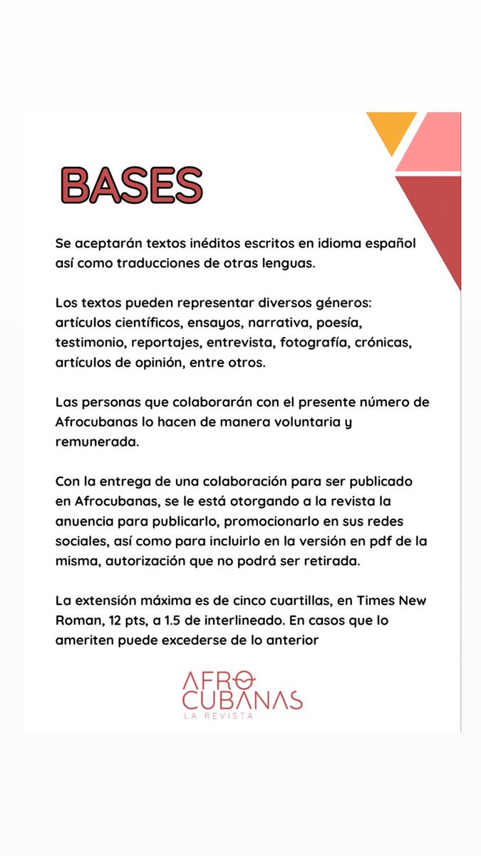 afrocubanas's tweet photo. ✍🏽CONVOCATORIA 
Se convoca a participar a todas personas negras/afrodescendientes y de la diáspora africana en el número 12 de Afrocubanas, el cual estará dedicado a abordar la equidad racial y la justicia social.
La presente convocatoria expirará el día 30 de julio del 2023. https://t.co/VpjOO3VcL9