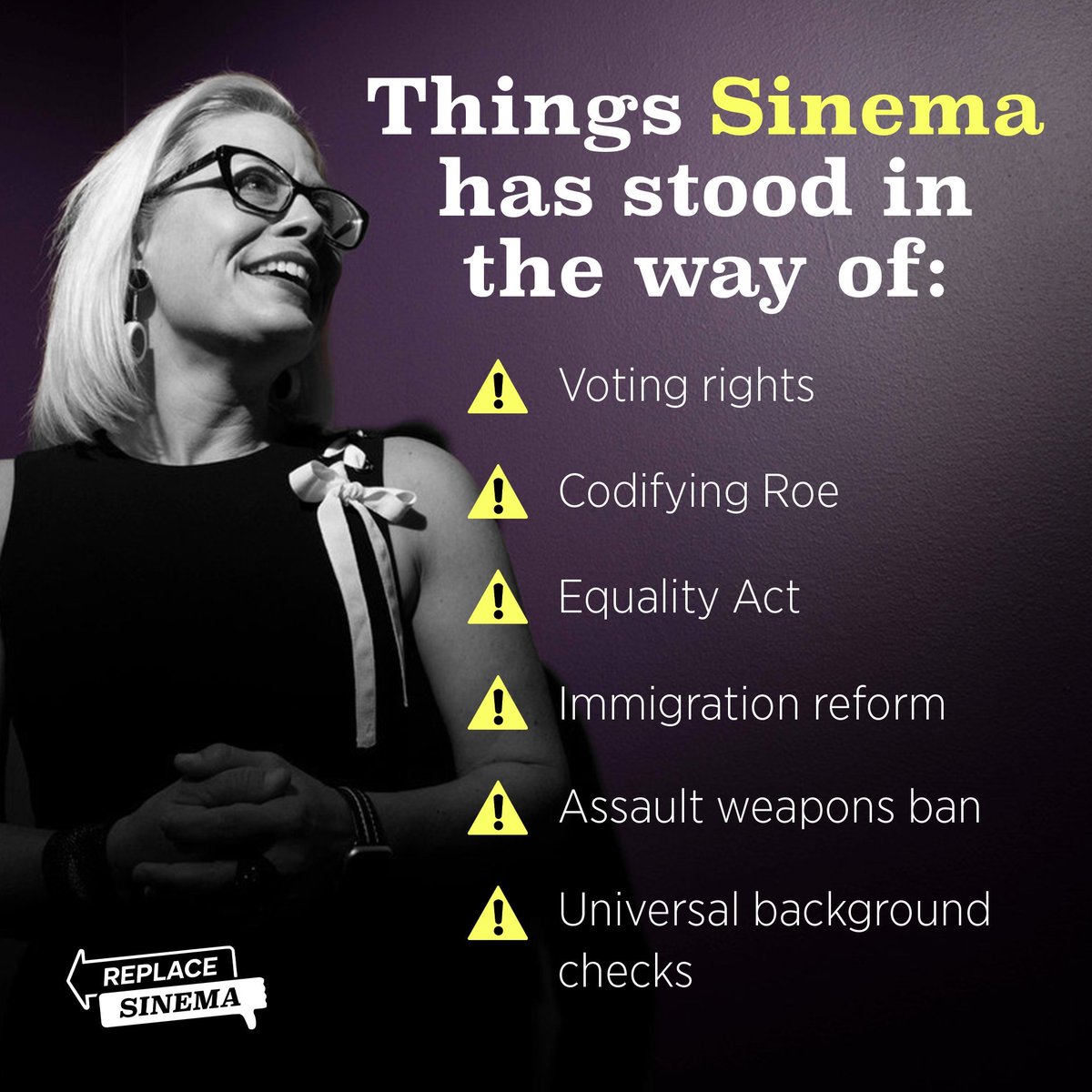 Time and again, Sinema obstructed progress for hardworking Arizonans. Instead, she’s done the bidding of Republicans and her corporate donors.

We’ve had enough—and we’re going to replace her.