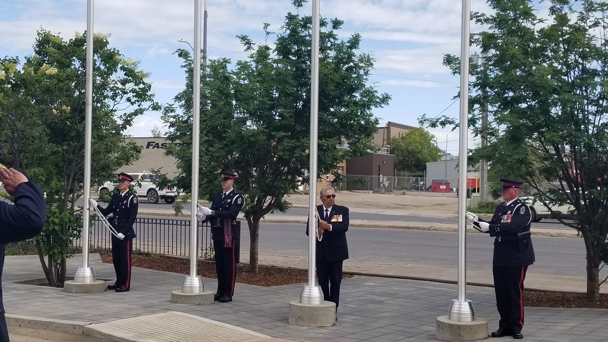 RPSCultural's tweet photo. A powerful and meaningful day yesterday with the celebration of our new @reginapolice public space.  Our Elders guided us in a good way starting off with a pipe ceremony and a tradition flag raising.  Thank you to our Elders Advisory Council and Eagle Claw drum group. https://t.co/o3Aku7aGoM