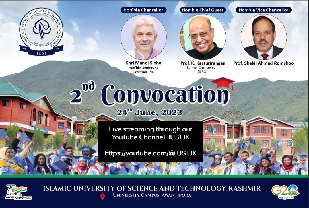iustjk's tweet photo. IUST is all set to hold its Second Convocation tomorrow on 24th June on the Campus.

Convocation will be live streamed through our Official YouTube Channel:

https://t.co/hOhZIEPlGR

Please subscribe our channel today for notification. https://t.co/GDBA3HClOL
