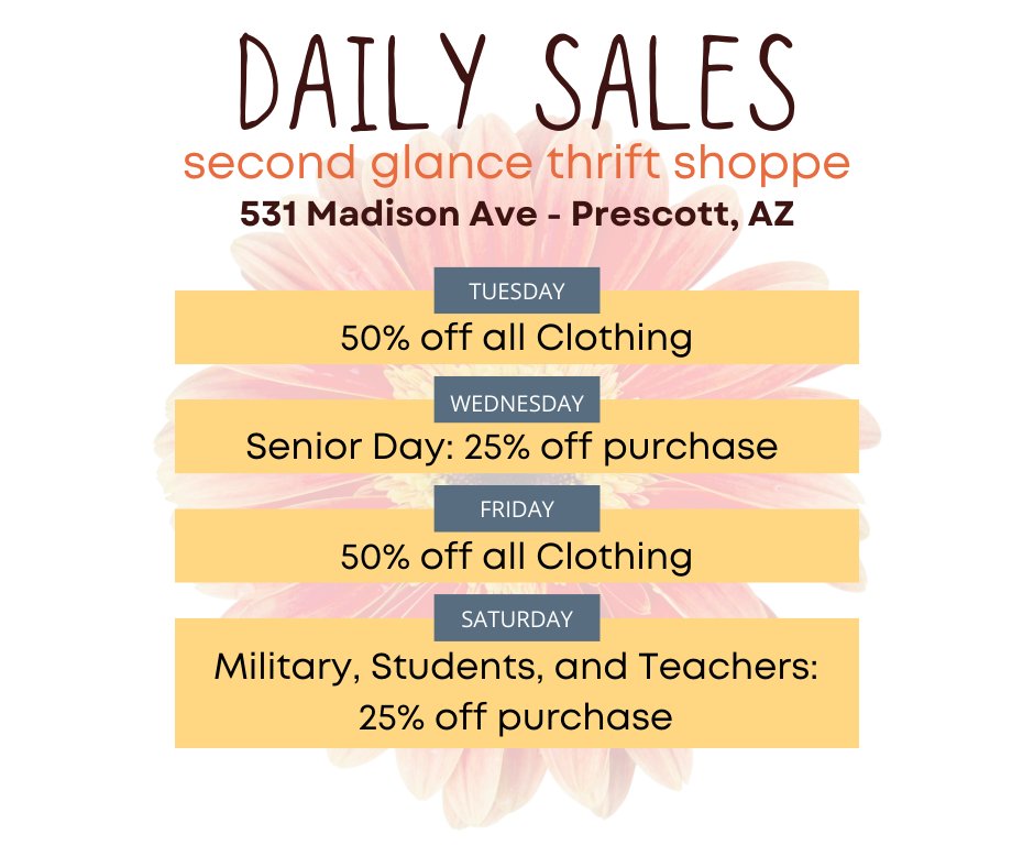 Don't miss out on these amazing deals! Every purchase you make at Second Glance helps us in our mission to end and prevent homelessness. Shopping never felt so good! 💙 
#yavapaiCCJ #ThriftShopForACause #ShopWithPurpose #ThriftStoreFinds #ThriftStoreDeals #endinghomelessness