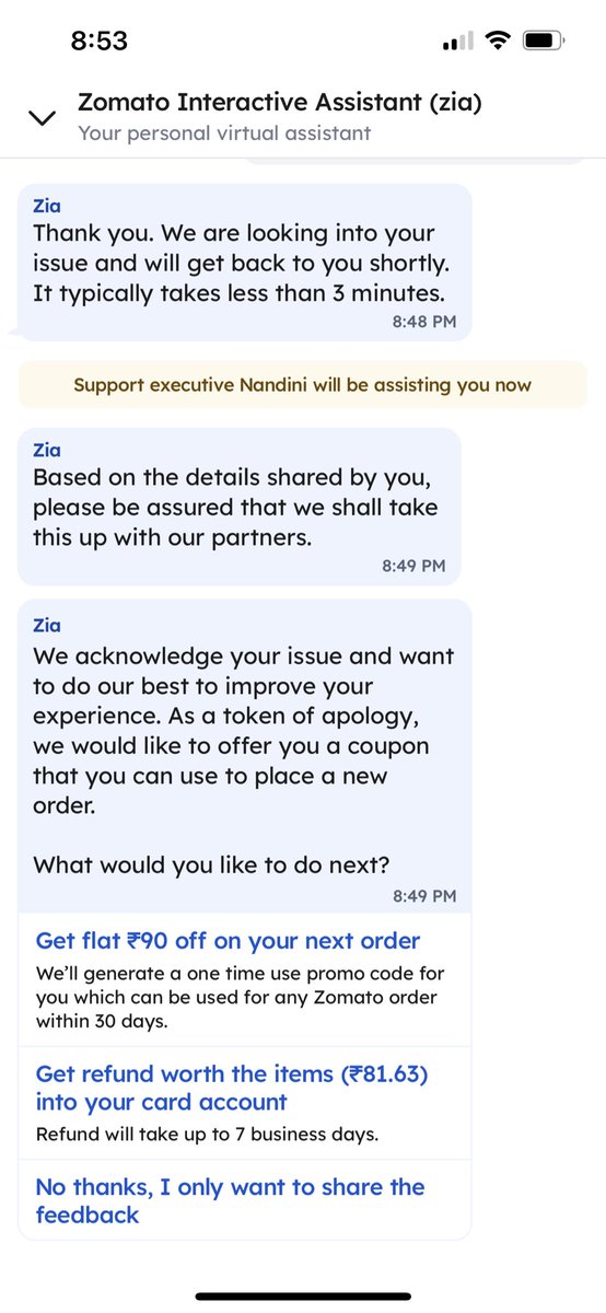 d_rdk's tweet photo. @zomatocare @zomato what kind of refund policy is this for spilled n dirty order,? My order total is 326.55 n you are refunding only 83 https://t.co/vKe1OHXyQf