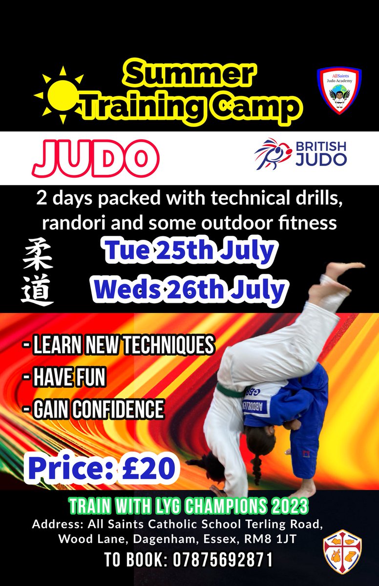 HackneyJudo's tweet image. Excited for our upcoming Summer Judo Training Camp next month 😊

All are welcome Book your place now and train with with experienced coaches and players from Hackney JC and LYG 2023 winners from All Saints Judo Academy 🏆🏆

4 hrs each day packed with fun and learning 😊

#judo