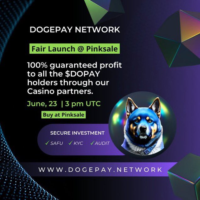 The @DogePayNetwork Pre-sale is live 
No WL, No private sale. It's a fair launch. 🐶

Pinksale.finance/launchpad/0x21…

LP is locked for 1 year.
100/100 Audit Score. 
No team tokens 

NFA always dyor #ad