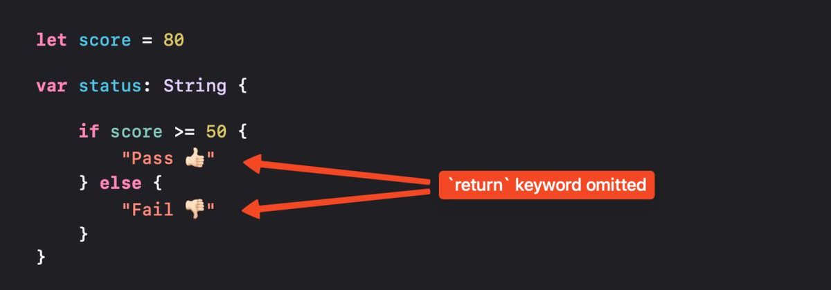 Zhuravel_Sergey's tweet photo. `if` and `switch` in Swift 5.9 are now expressions. As a result, we can omit the `return` keyword when using them in computed properties. 🎉

#iosdev #swiftui #iosdeveloper #swift https://t.co/SYKh5BqMVV