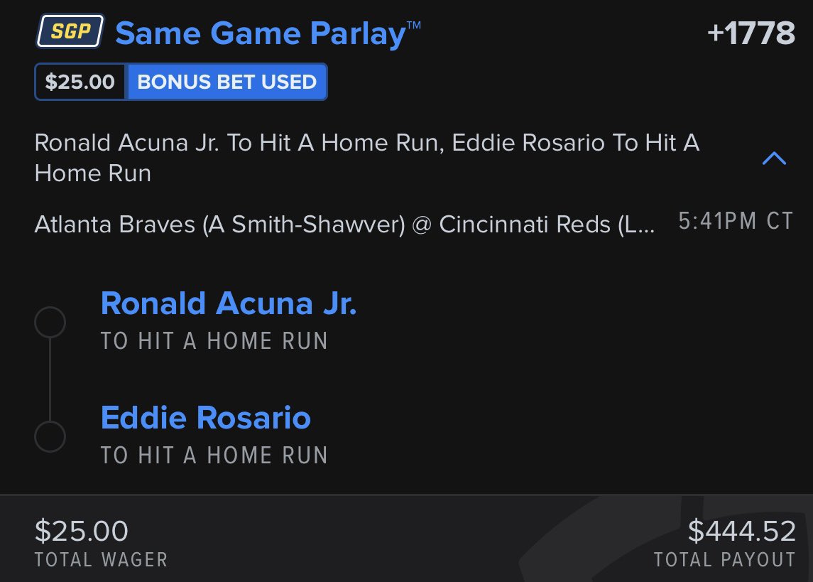 💣 Friday Dinger Parlay (+1778) 💣 

🚀 (ATL) Ronald Acuña Jr HR
🚀 (ATL) Eddie Rosario HR

If this hits, I’ll giveaway $25 to 2 people who ❤️ this tweet

#GamblingTwitter