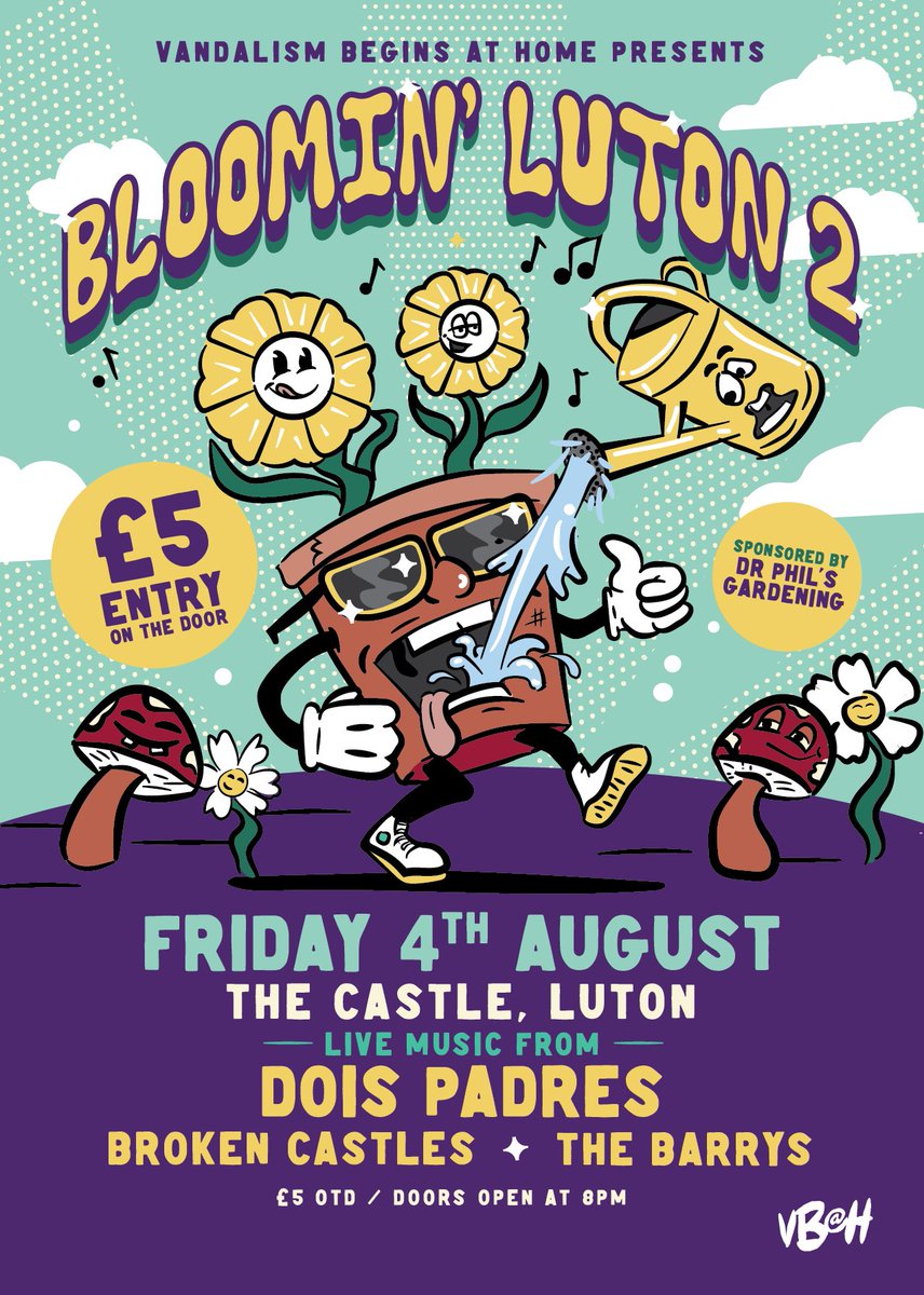 Vandalism Begins At Home (@vbahrecords) on Twitter photo We had such a blast last year, that we just had to do it again - BLOOMIN' LUTON 2 at <a href="/TheCastleLive/">Castle Live</a>
This year's blossoming line up is
<a href="/DoisPadres/">Dois Padres</a>
#BrokenCastles
<a href="/barrys_the/">The Barrys</a>
4th August, 2023
£5 on the door from 8pm We had such a blast last year, that we just had to do it again - BLOOMIN' LUTON 2 at <a href="/TheCastleLive/">Castle Live</a>
This year's blossoming line up is
<a href="/DoisPadres/">Dois Padres</a>
#BrokenCastles
<a href="/barrys_the/">The Barrys</a>
4th August, 2023
£5 on the door from 8pm