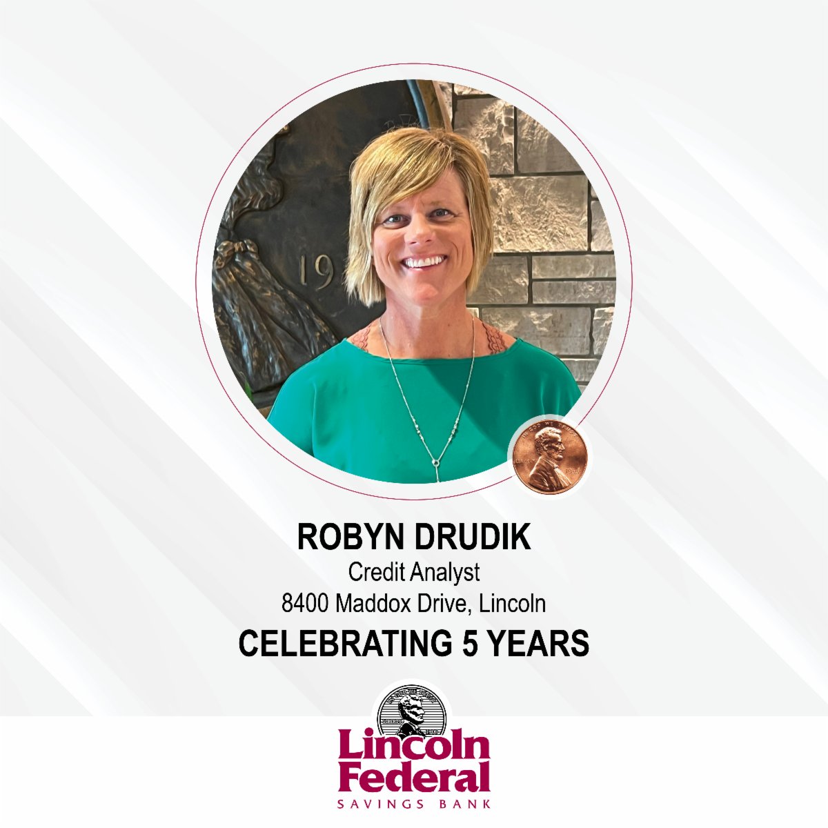 LFSBank's tweet photo. Happy #workiversary, Robyn! Robyn is celebrating 5 years with us. She says that joining Lincoln Federal has been more than just having a #job. She now has a work #family, friends, and relationships with people in the #community that will last a lifetime. https://t.co/cA4bD33iLq
