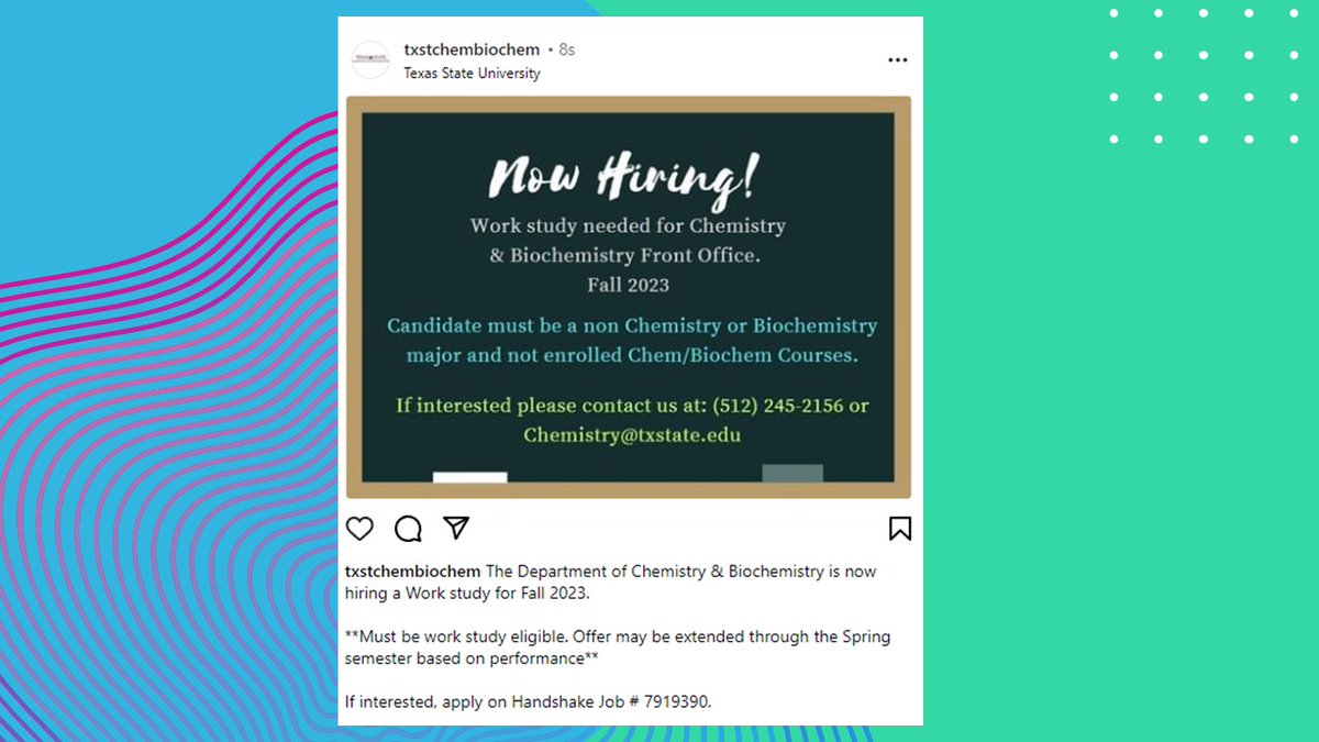 TXSTChemBiochem's tweet photo. We are hiring an Office Assistant for Fall 2023 (Must be work study eligible). https://t.co/5vm7d1QD4i