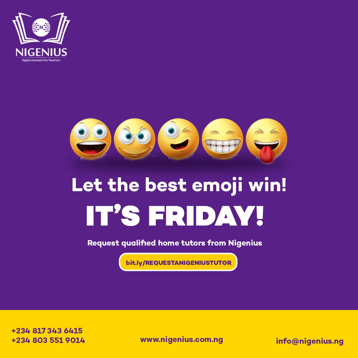 Which emoji best suits your Friday mood?
For us, it's everything 😜😁😃😁

Happy Friday!

Request a tutor @ bit.lyREQUESTANIGENIUSTUTOR or click on the link in our bio

#Coding #robotics #steamfest #nigenius #kidcoder #summercampisland #summercampforkids #codingcenter