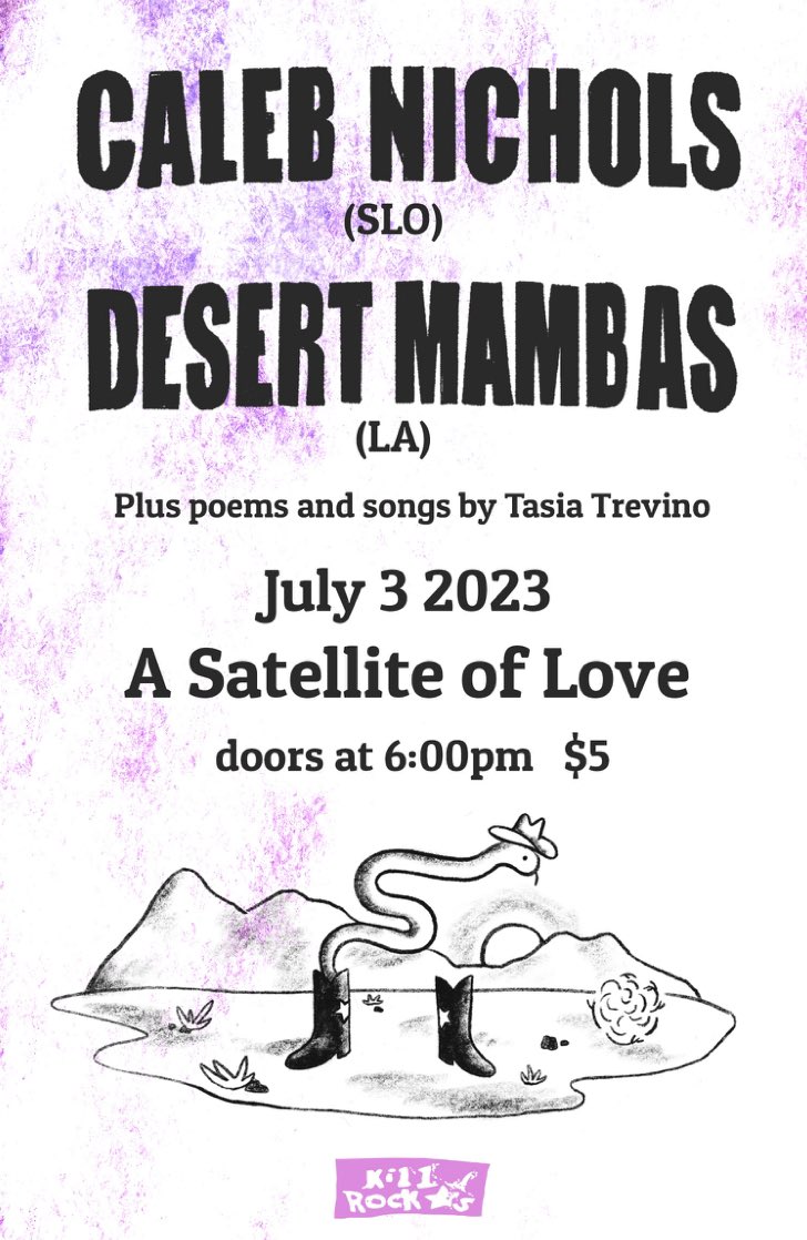 Oh yes @desertmambas is coming through our tiny town and I’m excited. Plus poems and songs from me an @initials__tt — gonna be a great night at A Satellite of Love. 6/3.