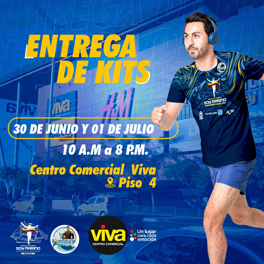 La entrega de kits de la carrera @soymarino_15k 2023 se llevará a cabo en Barranquilla, en el Centro Comercial VIVA ubicado en la Cra. 51B #87-50- Riomar🫂💙

#VIVA #Barranquilla #CentroComercial #soymarino15k #BicentenarioNaval #entregadekit