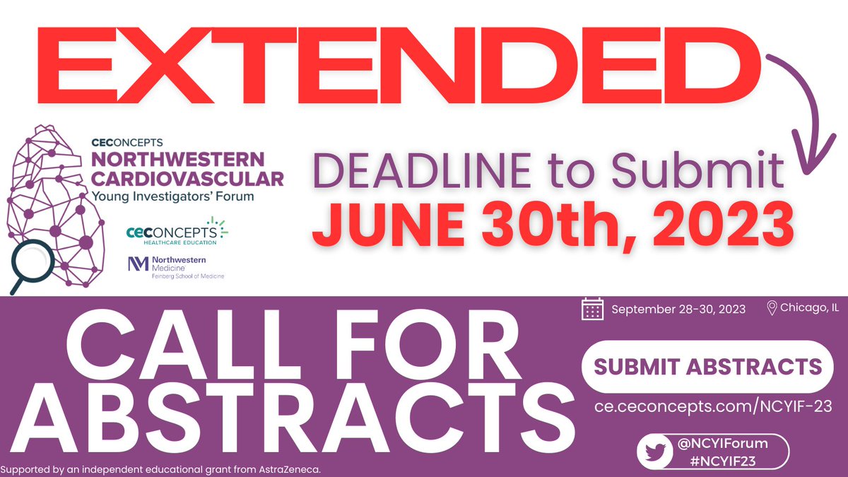 🚨 DEADLINE EXTENDED for abstract submissions at #NCYIF23! SUBMIT By June 30th (U.S. Based)➡️➡️ ce.ceconcepts.com/NCYIF-23 @NUFeinbergMed @HeartDocSadiya @dmljmd @NMHheartdoc #CardioRenal #CardioMetabolic #CardioTwitter #Renal #Metabolic #Cardiovascular #CardiovascularResearch