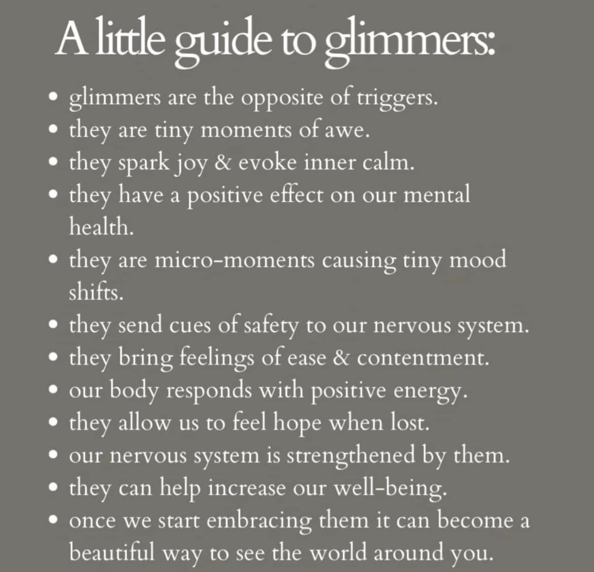 BlackAutistics's tweet image. Autistic Wellbeing - Glimmers are micro-moments of awe that cause tiny mood shifts and send cues of safety to our nervous system. They are the opposite of triggers &amp;amp; help to increase our wellbeing. 
What glimmers do you have in your life?
