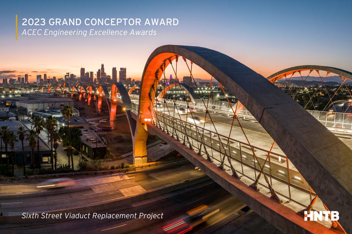 6thStViaduct's tweet photo. 🏆 We're thrilled to announce that the Sixth Street Viaduct has been awarded the prestigious 2023 Grand Conceptor Award by  @ACEC_National! 🌉Thank you to the LABOE and HNTB for their exceptional leadership in designing this iconic bridge. 

#WeAreLABOE #SixthStreetViaduct https://t.co/ypZOcsvNE5