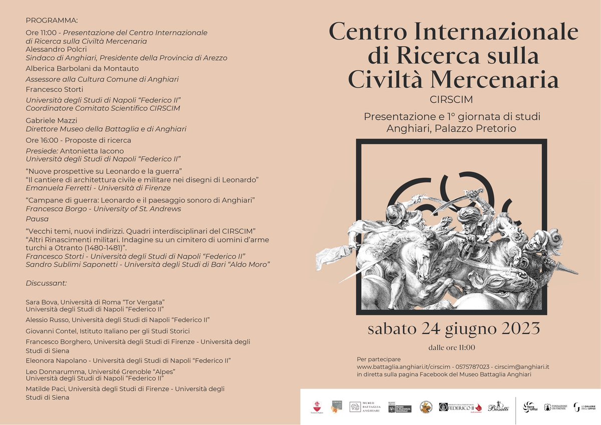 Tomorrow! We launch a new study center on premodern mercenary culture (Centro Internazionale di Ricerca sulla Civiltà Mercenaria #CIRSCIM) <a href="/Battle_Anghiari/">MuseodellaBattaglia</a>. I will be talking about the sound of war bells and what they meant for Leonardo. Watch on FB:  facebook.com/museobattaglia…