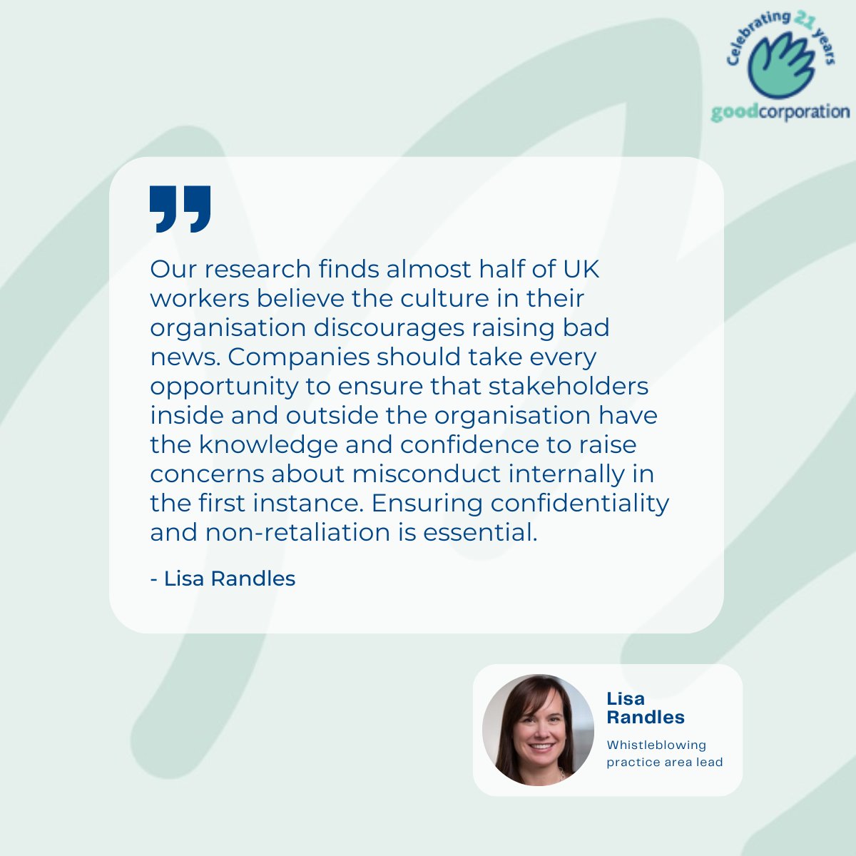 Marking #WorldWhistleblowersDay 2023, Lisa Randles, our whistleblowing practise area lead, highlights the need to adopt effective #whistleblowing processes as a means of addressing the current culture of discouragement in UK businesses. Learn more here: goodcorporation.com/services/whist…