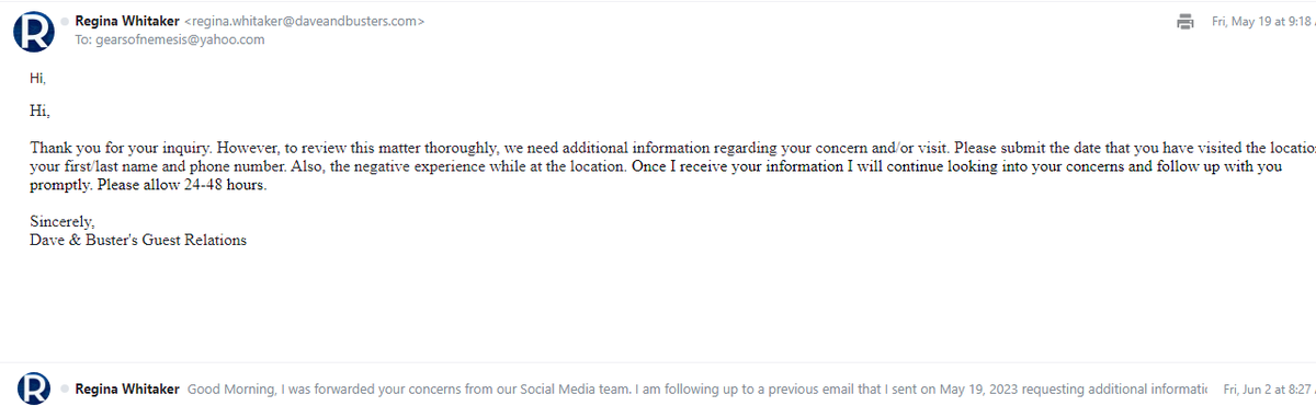 @DaveandBusters So after finally getting an email I reply back and now I am waiting again for someone to fix my horrible experience

What a shit show this has been