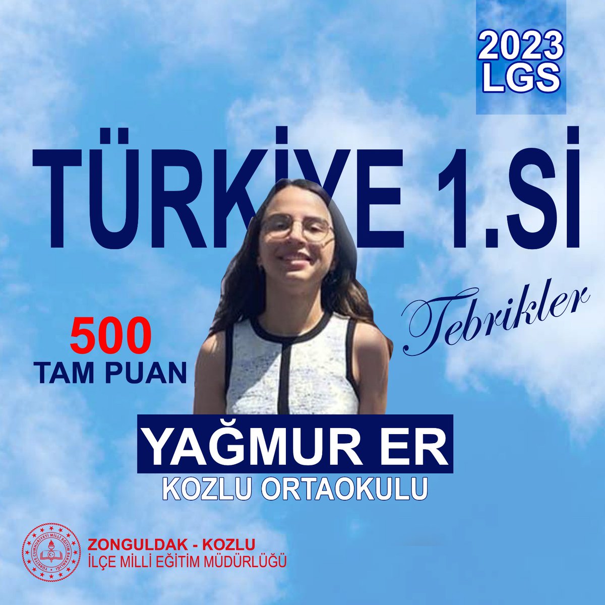 Gururumuz Zonguldak Kozlu’dan…👏
Tebrikler..
2023 LGS'de Kozlu Ortaokulu 8. sınıf öğrencimiz Yağmur Er, tüm soruları doğru yanıtlayıp 5️⃣0️⃣0️⃣ tam puanla Türkiye🥇Birincisi oldu.
Öğrencimizi ve emeği geçen okulumuzu tebrik ederiz. 💐
<a href="/tcmeb/">Millî Eğitim Bakanlığı</a> <a href="/zuleyhaaldogan/">Züleyha Aldoğan</a> <a href="/mansur_gok/">Mansur Gök</a> <a href="/GirginBa/">Bahattin Girgin</a>
