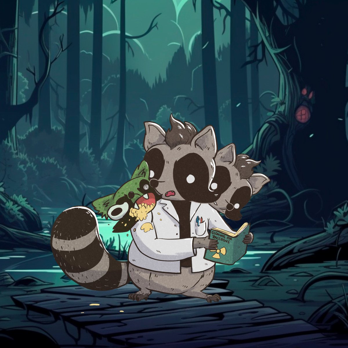 This is getting ridiculous now! 

This racc0on has THREE HEADS, and one of them is decidedly NOT normal! 

What is going on here? Do I need to cut extra holes in all my t shirts?! 

This is not normal! Something is changing… 👀 👕🦝