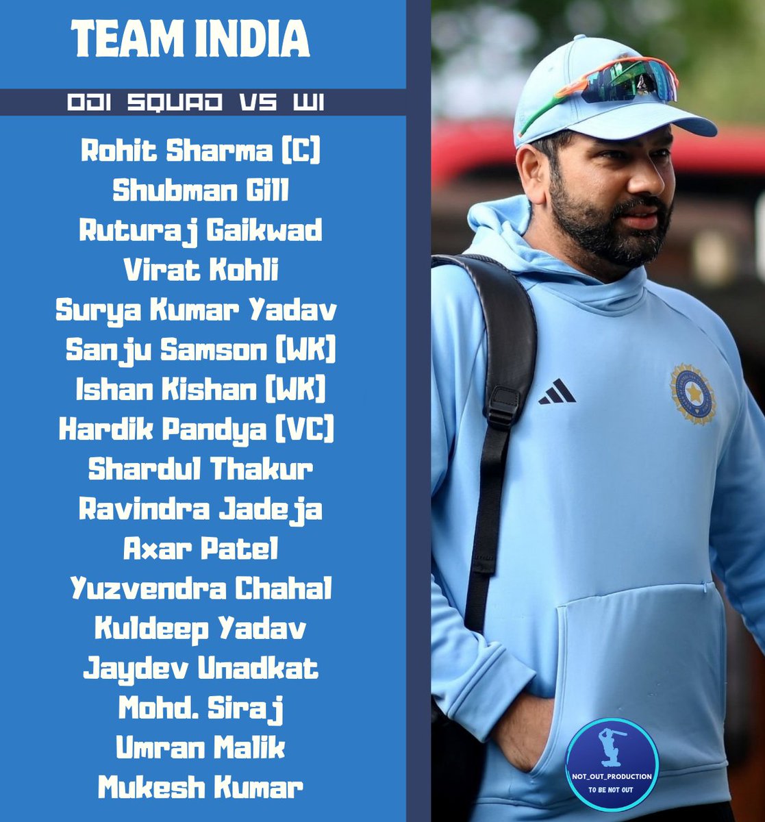 NOT_OUT_PROD's tweet photo. India's ODI Squad for West Indies Announced 🚨.

#TeamIndia #ODISquad #INDvWI  #OdiWorldCup2023 #NotOutProduction #ToBeNotOut https://t.co/emdHwrpQpX