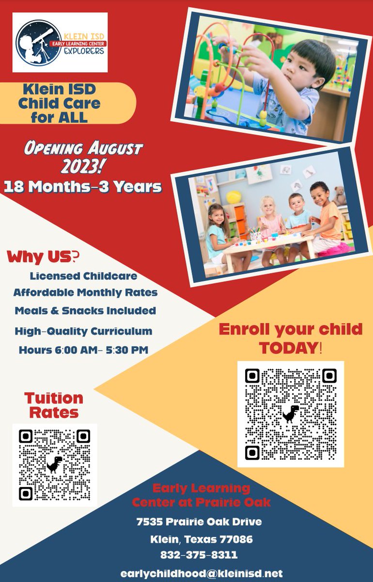 <a href="/KleinISD/">Klein ISD</a> ELC has been APPROVED to accept childcare assistance (NCI).  If you have already been approved for childcare assistance through Texas Workforce Solutions, we would love to have your child attend our center for the 23-24 school year!  Enroll today!