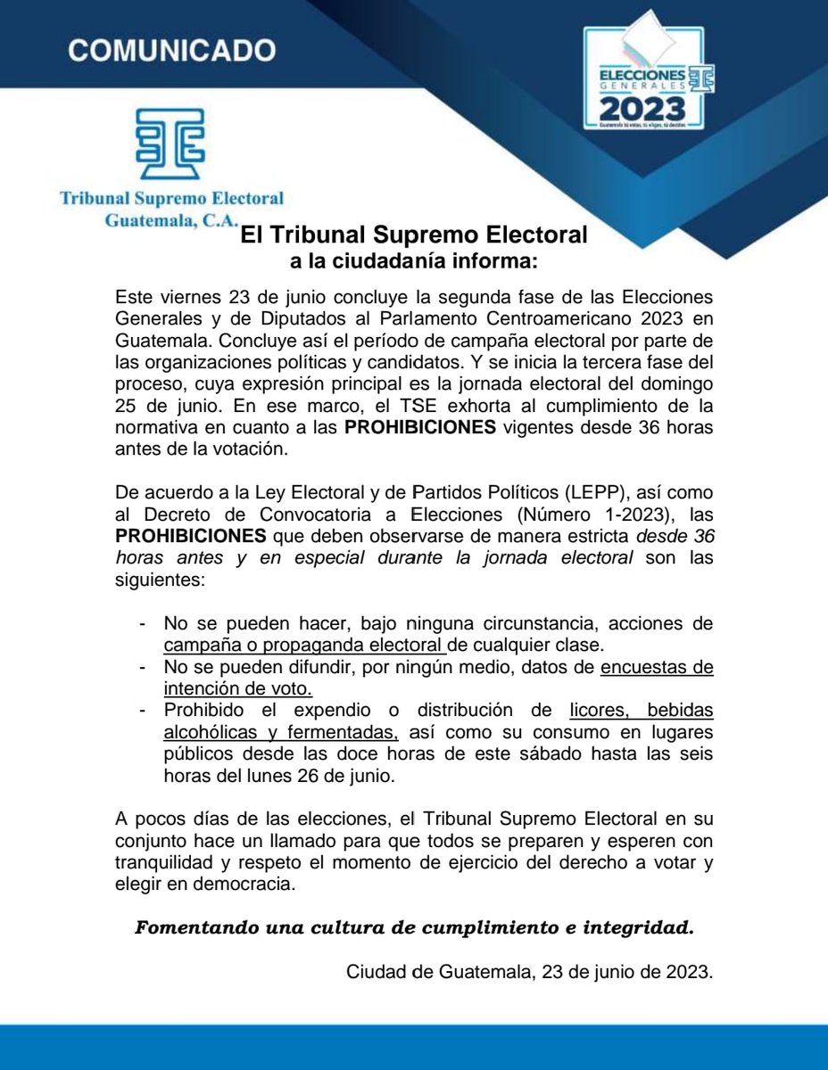 Comunicado | Este día concluye la segunda fase de las #EleccionesGT2023 que comprende la campaña electoral. Así mismo, se inicia la tercera fase del proceso, cuya expresión principal es la jornada electoral del domingo 25 de junio.

#EleccionesGT2023 🗳️
#TSEtransparente