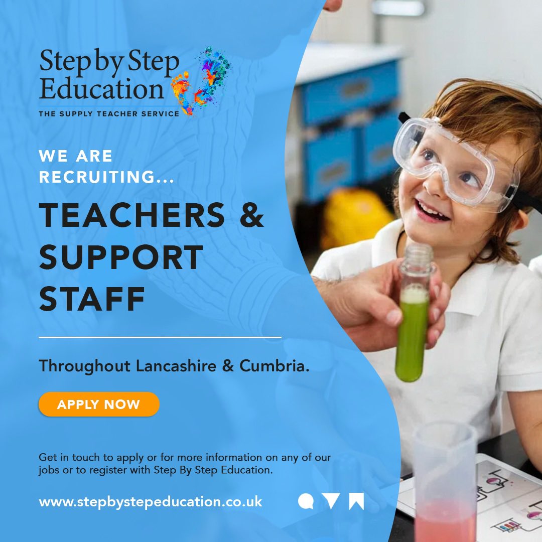 1StepByStep's tweet photo. We are recruiting! 🖍️📙 If you are available and looking for work in schools within the Lancashire &amp; Cumbria Area - check out our latest jobs on our highlights or find our full list of vacancies on our website (using the link below) 💻 

https://t.co/1wdqpRjwk5 https://t.co/BaEOXtypeh