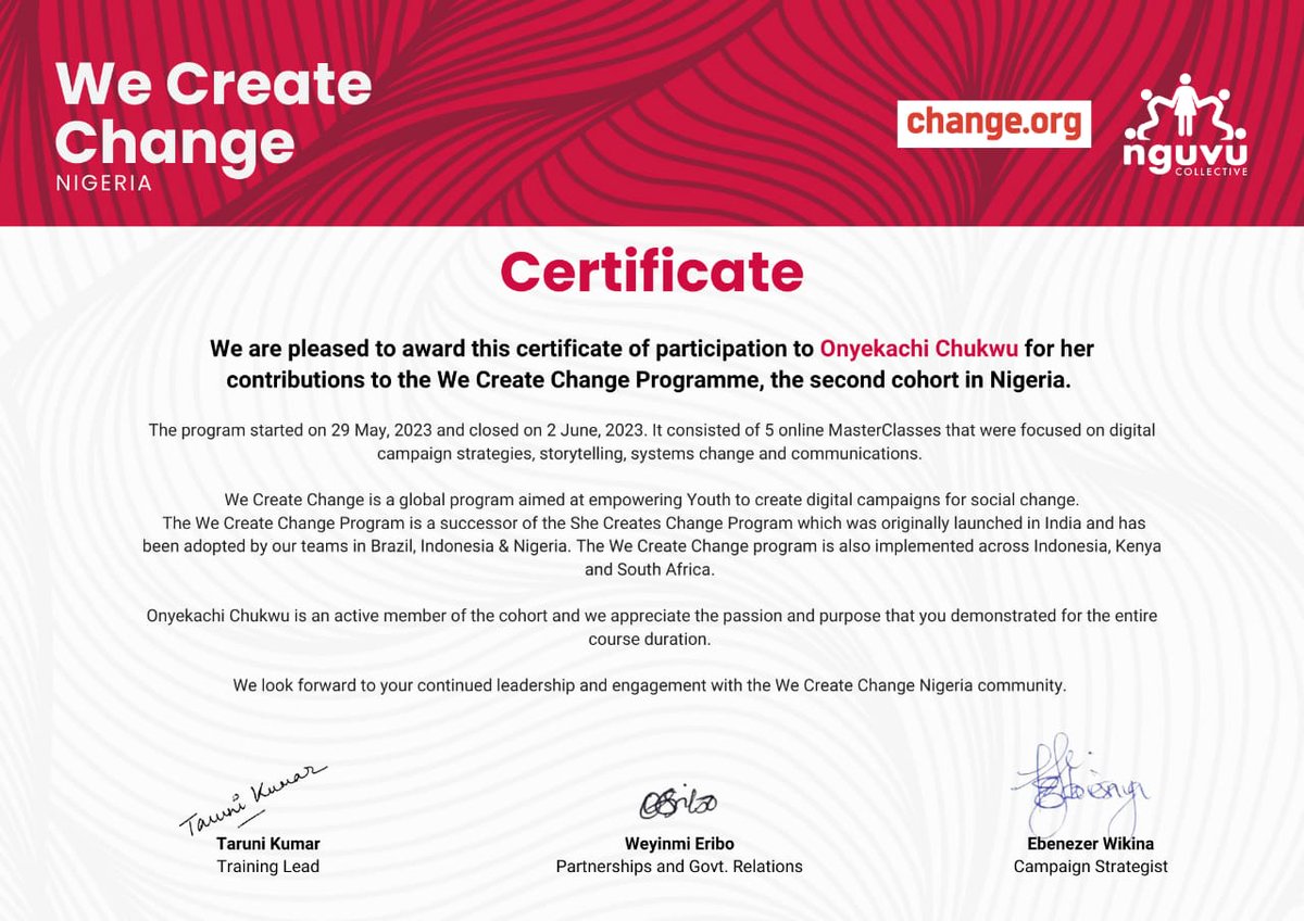 Cleantechhubng's tweet photo. Clean Technology Hub is proud of @kachi_kachy ,who was selected and joined 30 others to be part of the #WeCreateChange leadership program. The initiative under the auspices of @nguvucollective collective in partnership with @Change aims to build a community of advocacy champions https://t.co/g3c5TwstLV