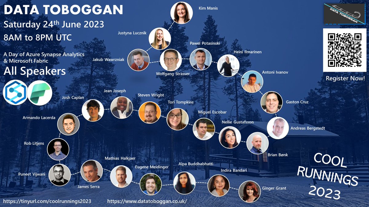 victoria_holt's tweet image. I am getting really excited to share our @datatoboggan sessions tomorrow. Just so much content over 12 hours and 2 tracks and it is all Free learning for the community. That is crossing many worldwide time zones #azuresynapse @Azure_Synapse #MicrosoftFabric #AzureDataCommunity