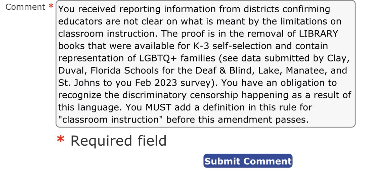 🚨Call to Action🚨

Floridians, please submit a comment asking for a definition of “classroom instruction” to be added to the amended language of The Principles of Professional Conduct.

We must reduce the chilling effect of DSG expansion in HB1069.

flrules.org/Gateway/View_n…