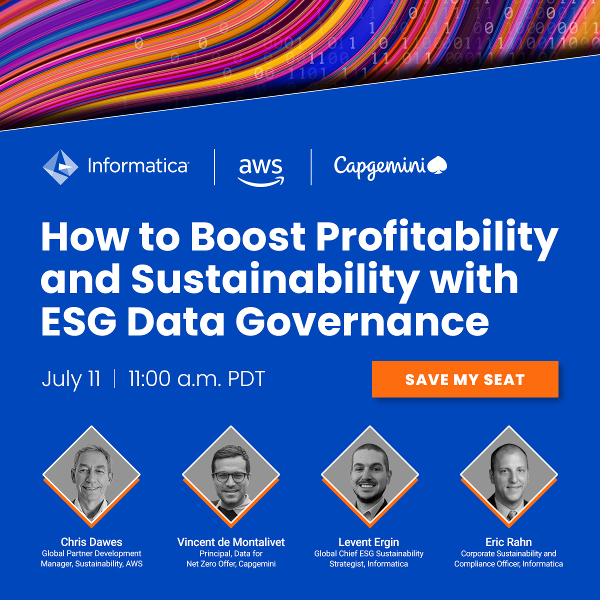 Informatica's tweet image. ❕ 👀 Hey, #CDOs and #CDAOs: Tune in July 11 for a webinar that'll show you how to turn your ESG data governance from regulatory reporter to business accelerator.

👉 Save your seat: bit.ly/440Rc1f

#ESG #DataGovernance #CDO #CDAO