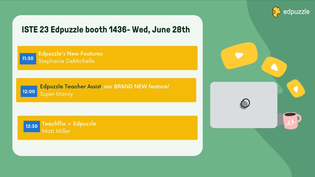 MannyDiscoTech's tweet photo. Here is @edpuzzle #ISTE #ISTE23 Booth Schedule!
Lots of fabulous educators that SHARE THEIR SHINE ✨💛
@sp1vey @KarenJan @felicialott92 @mrvitaleIMS @KatieJMcNamara @NansLCC @weareLCC @Ms_KatieNieves @mrshowell24 @mrshesposito @TannenbaumTech @ElaBenUr @NextGenPF @mr_isaacs_math https://t.co/tcpAqVwUf1