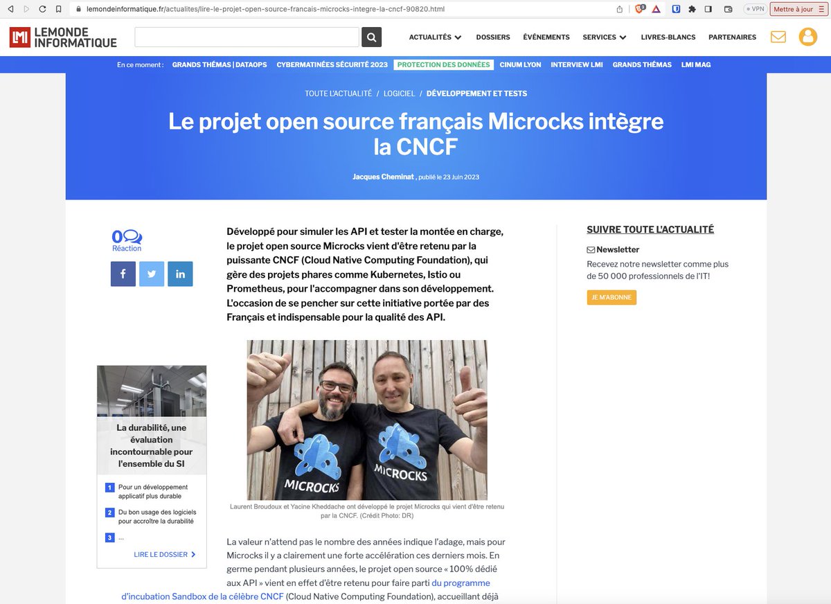 🎉 A great way to finish this awesome week! 🚀 @microcksio is in the spotlight of #LeMondeInformatique 🗞️

👉lemondeinformatique.fr/actualites/lir…

#OpenSource FTW 💪