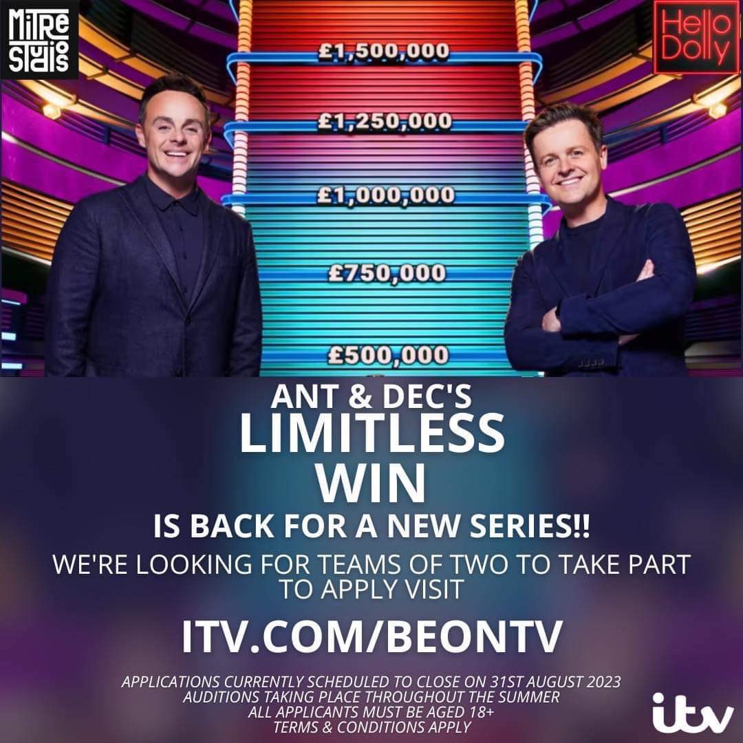 / #CASTINGCALL /

#HelloDolly & @mitrestudios are looking for #confident, #dynamic & #competitive teams of two to take part in @ITV’s @antanddec’s #LimitlessWin 👥

👉 itv.com/beontv

#antanddec #gameshow #team #generalknowledge #trivia #quiz #pubquiz #thecastingcrew