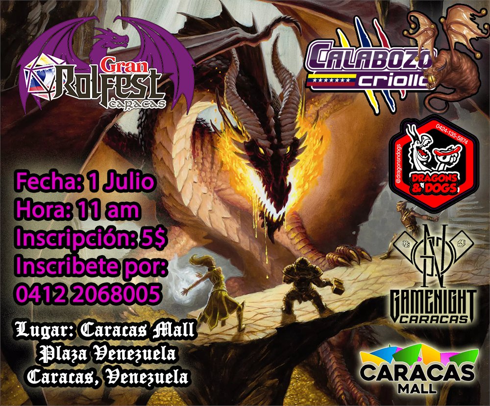 CalabozoCriollo's tweet photo. El sabado 1 de julio tendremos un gran evento rolero! Mas de 12 mesas de rol, y con premios a los mejores jugadores! en CARACAS! Plaza Venezuela 
Ve las partidas aqui https://t.co/qjCaUE7qJa

Inscríbete por WP +58 412-2068005
@DRAGONSNDOGS @CalabozoCriollo 
#WEDOPLAY #rpg #dnd5e https://t.co/S83G3mRtYL