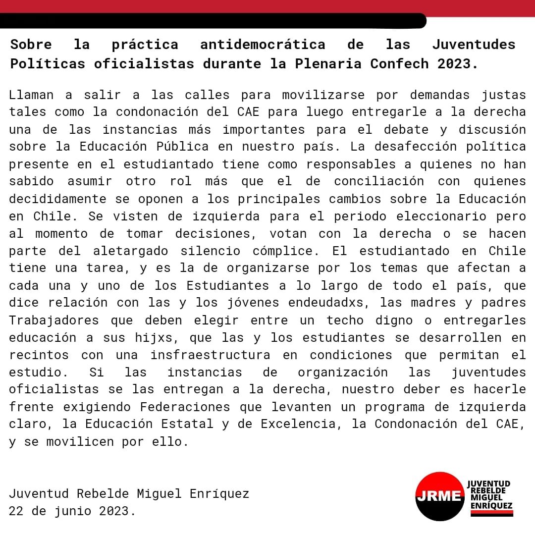 El_Rebelde_MIR's tweet photo. En proceso de votación para elegir las vocerías de las universidades de Chile en la @Confech, juventudes políticas del oficialismo en espurio pacto con juventudes de la derecha, dan fuerte golpe antidemocratico al movimiento estudiantil desde la @la_feuah (U. Alberto Hurtado). https://t.co/GpdOWMkqni