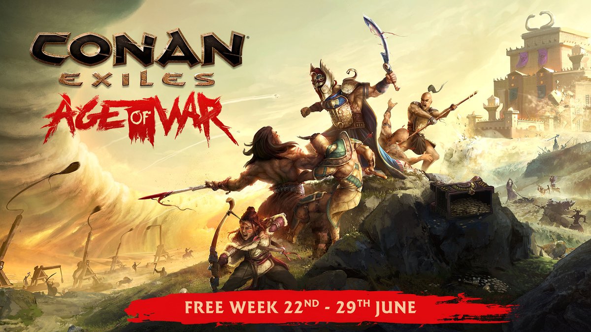Jump into Conan Exiles for free on Steam and the Epic Games Store from now until June 29th! Take this opportunity to brave the Exiled Lands with a friend and experience the #AgeofWar. ⚔️

Also free to try on Xbox until June 25th!