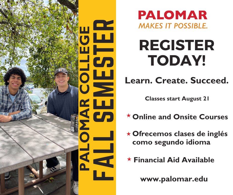 ❗Registration for the #Fall semester is open
❓What are you waiting for❓
bit.ly/pcfall2023 #fallbrook #escondido #ranchobernardo #SanMarcos #communitycollege