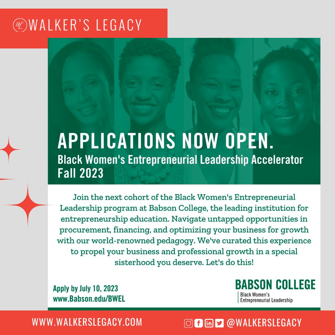 walkerslegacy's tweet photo. Babson's Black Women's Entrepreneurial Leadership program is now accepting applications.

Learn more and apply here: https://t.co/hK0Y3LtTkO
Information sessions June 26 &amp; 28.
Deadline is July 10.

#Procurement #NavigationTools #PracticalInsights @AlabamaMBDA @babson https://t.co/CmYnJQ481P