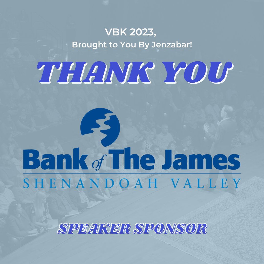 Thank you to our Speaker Sponsor, Bank of the James and <a href="/VoteTRea/">Thomas Rea</a>! Bank of the James supports local events and organizations in the Shenandoah community as part of its mission to partner for good. VBK 2023, brought to you by <a href="/Jenzabar/">jenzabar</a>, wouldn't be possible without your support!